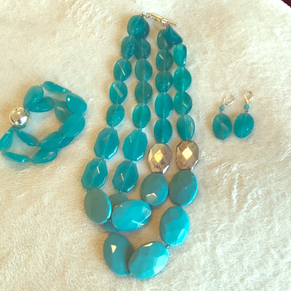 Aqua & silver beads - necklace, bracelet, earrings